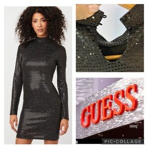 Guess Nayla Black Sequin Mini Dress Long Sleeve Mock Neck Bodycon Size Small